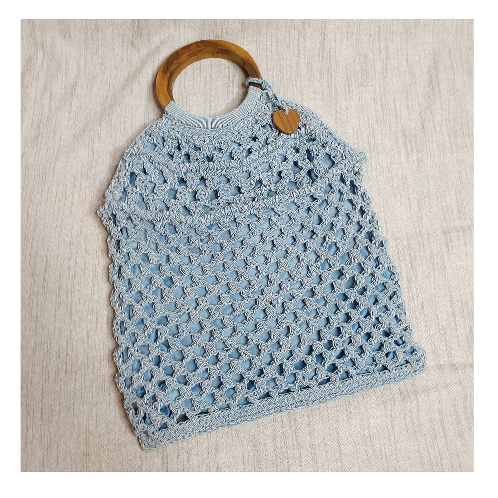 Vintage Crochet Handbag Blue with a Brown Wood Top Handle Faded Glory Y2K Bag